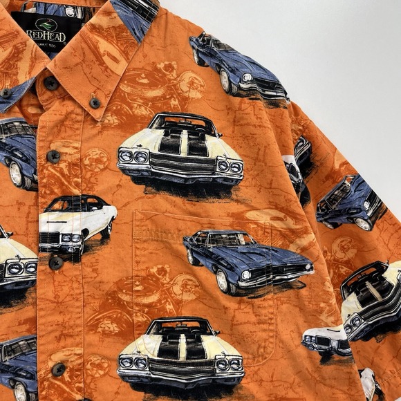 RedHead Short Sleeve Button Shirt Men's 2XL Orange Classic Cars Hawaiian Vtg - Picture 4 of 9